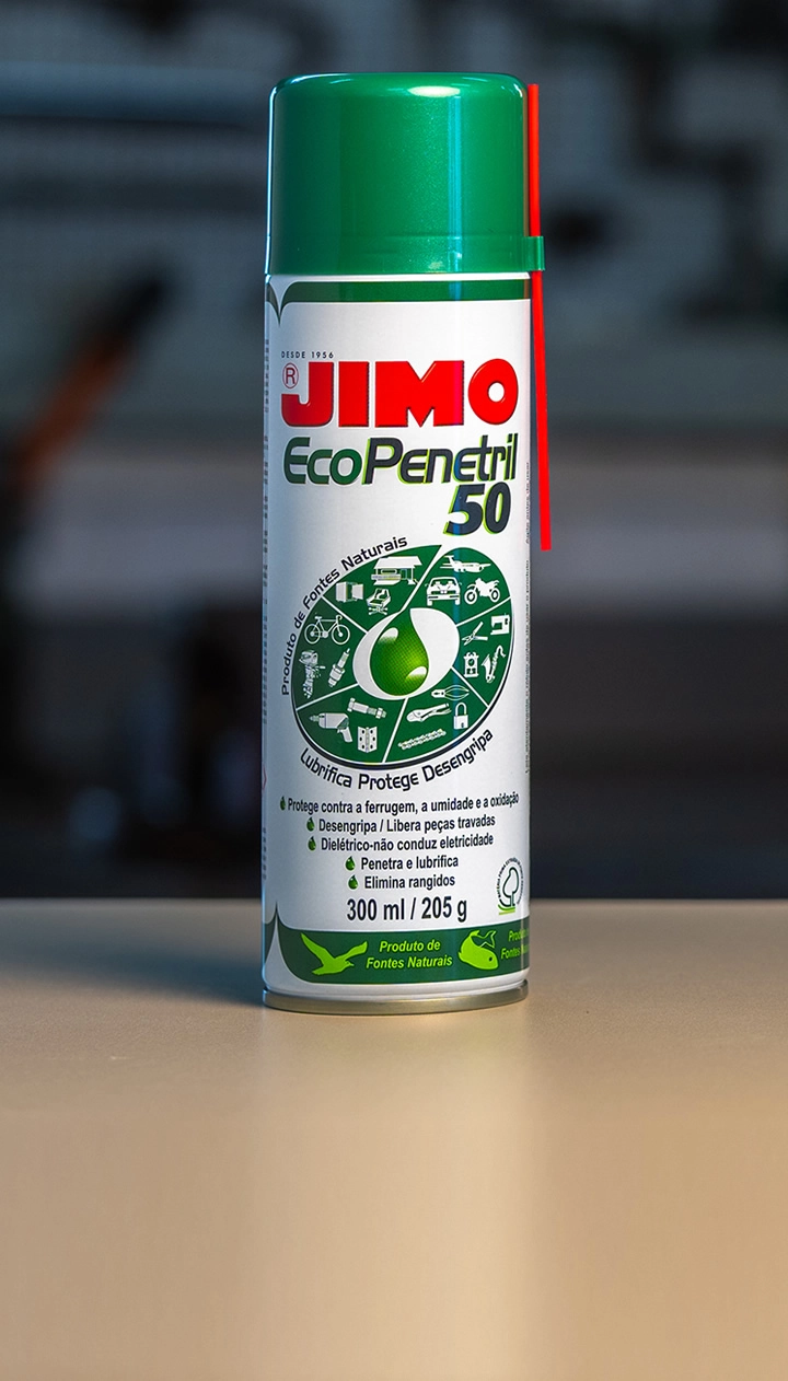 JIMO Ecopenetril 50 é um lubrificante natural multifuncional para uso doméstico, industrial, esportivo e automotivo. composto por óleos de fontes naturais e biodegradáveis, ele lubrifica, desengripa e protege contra umidade e oxidação, além de ser dielétrico, não conduzindo eletricidade