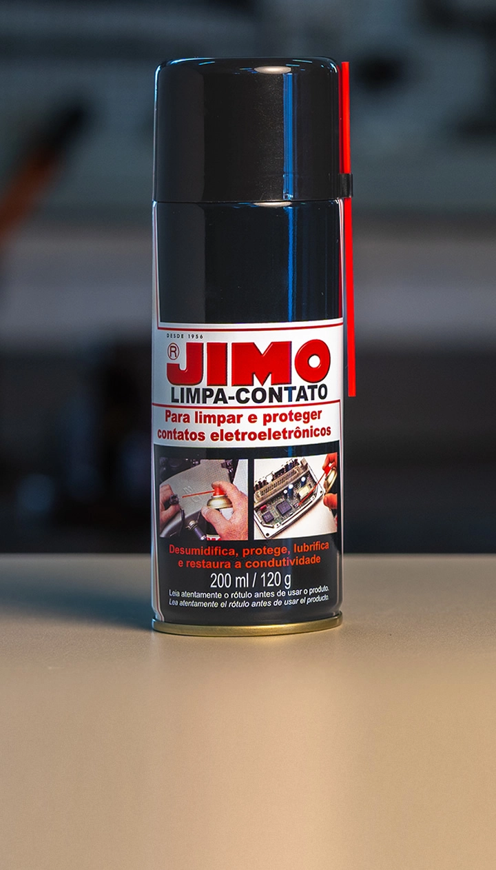 JIMO Limpa-Contato remove graxas, óleos e contaminantes de superfícies eletroeletrônicas, garantindo uma limpeza eficiente sem alterar as propriedades elétricas. desumidifica e protege partes metálicas, prevenindo maus contatos e falhas.