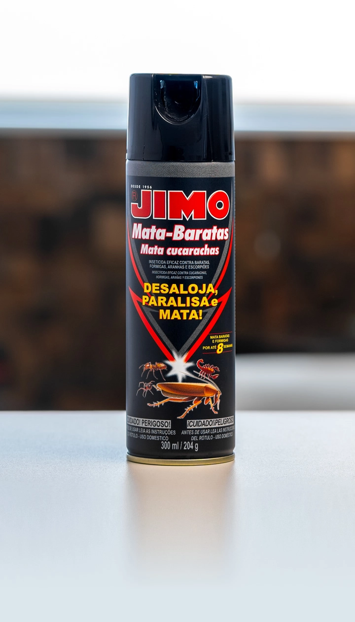 JIMO Mata-Baratas Aerossol. Um inseticida especificamente desenvolvido para matar baratas, formigas, aranhas e escorpiões, além de prevenir novas infestações. com ação prolongada, continua agindo por até 8 semanas contra baratas e formigas.