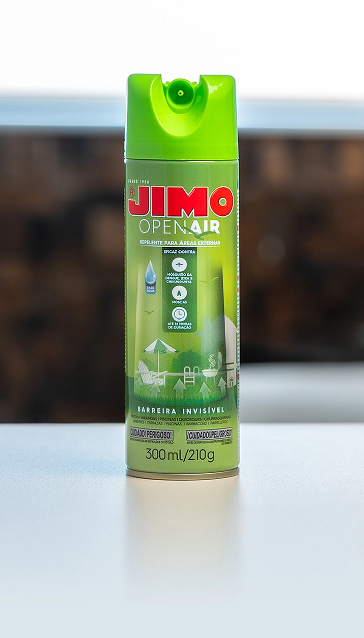 JIMO Open Air Aerossol. Repelente para proteger áreas externas como sacadas, varandas e piscinas. sua fórmula inovadora oferece proteção eficaz contra mosquitos da dengue, zika e chikungunya, com duração de até 12 horas. não deixa cheiro e garante uma proteção longa.
