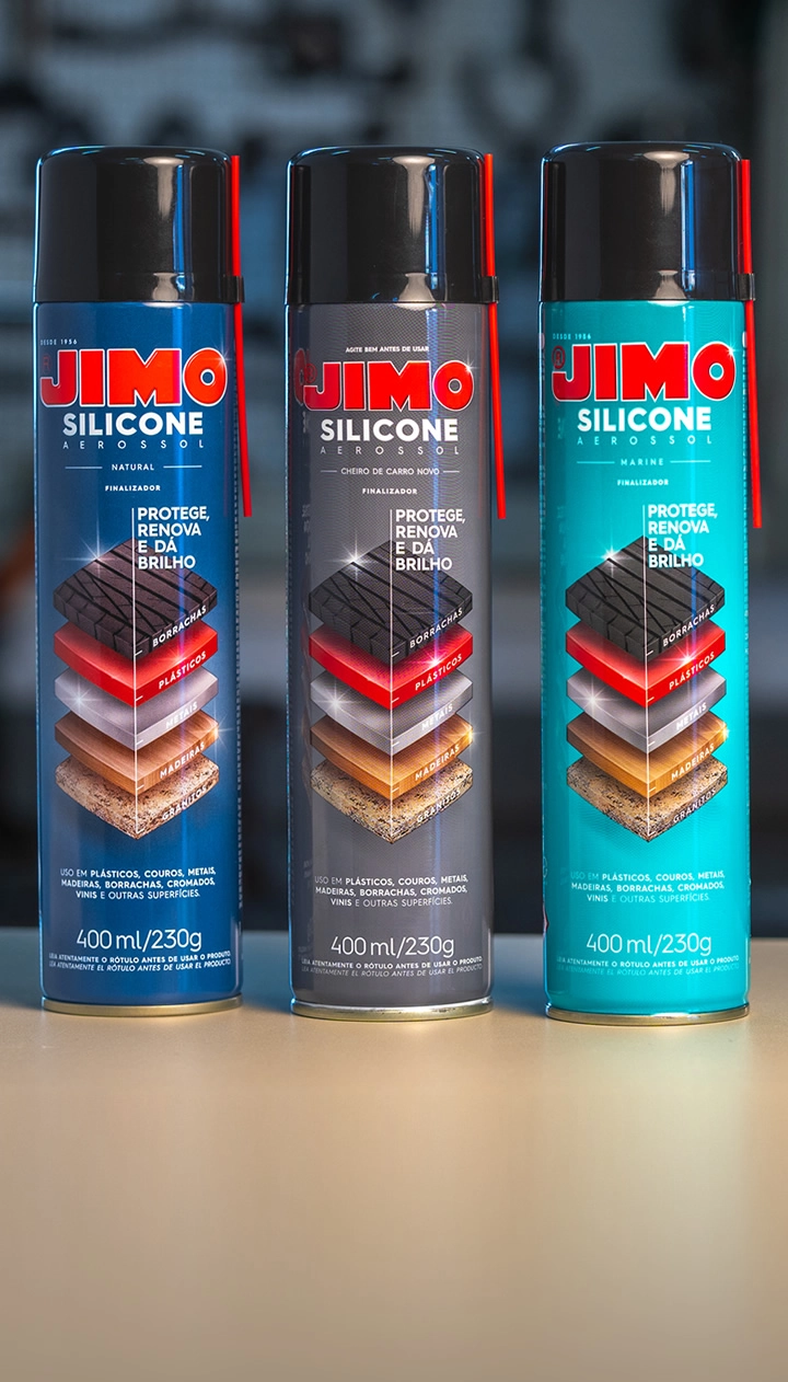 JIMO Silicone Aerossol é um produto versátil que protege, lubrifica e desmolda. destaca a cor e melhora a aparência de várias superfícies. disponível nas versões natural, marine e cheiro de carro novo.