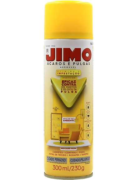 JIMO Ácaros e Pulgas. Desenvolvido para controlar ácaros, pulgas e carrapatos. aplique em áreas de maior infestação como tapetes, carpetes, sofás, cortinas, e frestas de pisos. ele elimina ácaros, controla pulgas e carrapatos na fase adulta, e pulgas (ovos, larvas e ninfas).