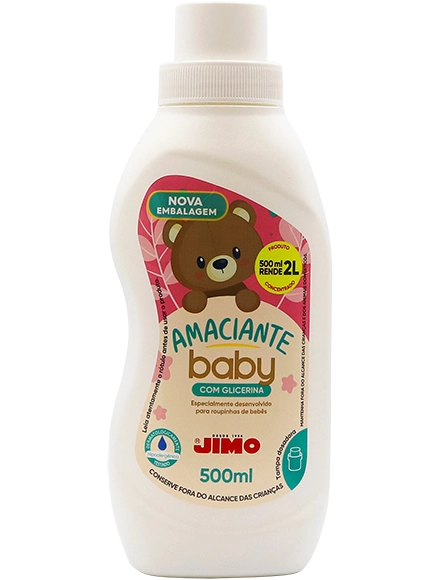 JIMO Amaciante Baby. Para proporcionar mais delicadeza e maciez às roupinhas dos bebês, o JIMO baby conta com uma fórmula hipoalergênica e dermatologicamente testada, com uma fragrância suave, que é menos agressiva para as fibras dos tecidos, oferecendo mais aconchego para os bebês.