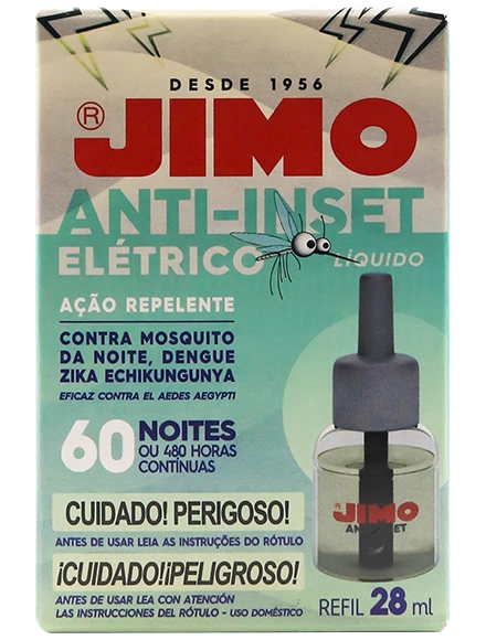 o JIMO Anti-Inset Refil Líquido oferece proteção prolongada contra mosquitos e pernilongos, incluindo aqueles transmissores da dengue. com 60 noites de uso, o refil de 28 ml é compatível com aparelhos elétricos e deve ser utilizado por aproximadamente 8 horas por noite.