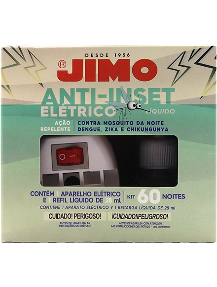 JIMO Anti-Inset Elétrico. O repelente elétrico oferece ação prolongada com 60 noites de uso, sendo eficaz contra mosquitos e pernilongos, incluindo o mosquito da dengue.