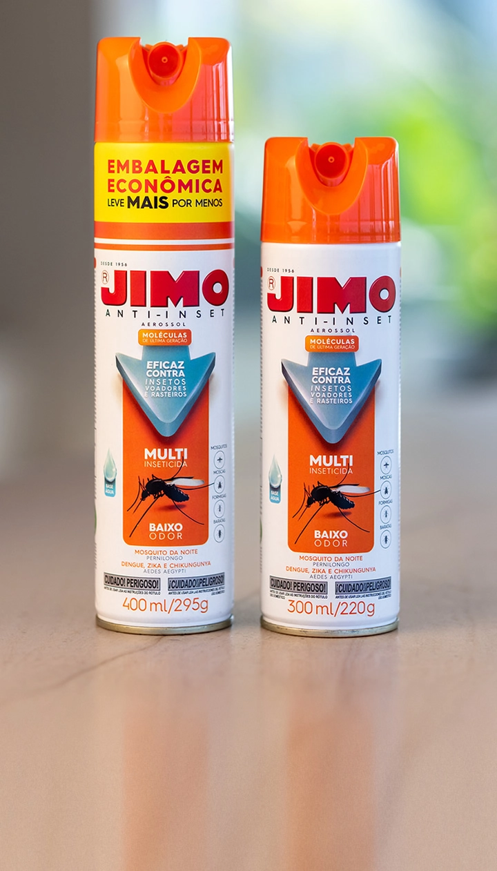 JIMO Anti-Inset Aerossol. Um Multi-Inseticida à base de água, eficaz contra mosquitos, moscas, baratas e formigas domésticas. com sua fórmula avançada, combate o mosquito da dengue, pernilongos resistentes e outros insetos.