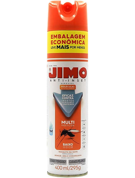 JIMO Anti-Inset Aerossol. Um Multi-Inseticida à base de água, eficaz contra mosquitos, moscas, baratas e formigas domésticas. com sua fórmula avançada, combate o mosquito da dengue, pernilongos resistentes e outros insetos.