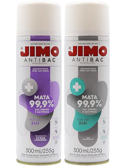 JIMO Antibac Aerossol. Um desinfetante em aerossol que, além de limpar diversas superfícies, mata bactérias e fungos, evitando o mofo. sua ação residual ocorre devido à formação de uma película protetora que continua agindo contra bactérias por até 24 horas.
