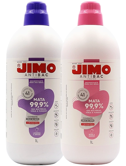 JIMO Antibac Líquido. Superfícies e objetos podem estar contaminados com germes que causam danos à saúde. com o JIMO Antibac Líquido, a limpeza ganha um toque de proteção. ele é um desinfetante que limpa e mata 99% das bactérias, fungos e vírus, e oferece mais segurança para sua família.