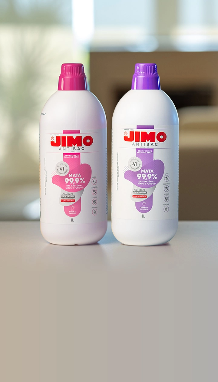 JIMO Antibac Líquido. Superfícies e objetos podem estar contaminados com germes que causam danos à saúde. com o JIMO Antibac Líquido, a limpeza ganha um toque de proteção. ele é um desinfetante que limpa e mata 99% das bactérias, fungos e vírus, e oferece mais segurança para sua família.
