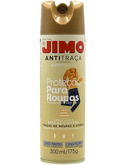 JIMO Antitraça Aerossol. Um inseticida desenvolvido para eliminar traças que atacam roupas e livros. o produto tem ação fulminante no extermínio de traças.