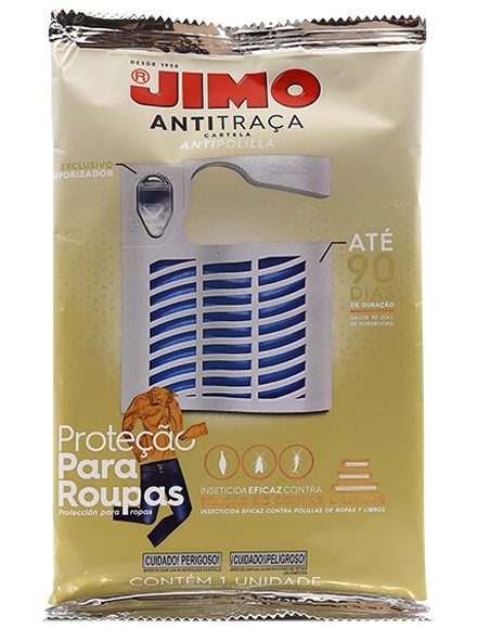 JIMO Antitraça Cartela. Desenvolvido para eliminar traças que atacam roupas e livros. seu ingrediente ativo é volátil à temperatura ambiente e se desprende gradualmente da cartela, com durabilidade de até 90 dias. pode ser usado em armários, cabides, roupeiros, closets, gavetas e bibliotecas.