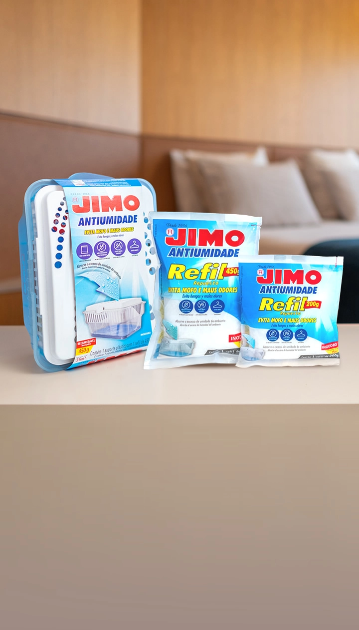 O JIMO Antiumidade combate o excesso de umidade em ambientes fechados, armários, banheiros, trailers e embarcações. ele absorve o excesso de umidade até o percentual ideal (50-60%), prevenindo mofo, mau cheiro, manchas nas paredes e corrosão.