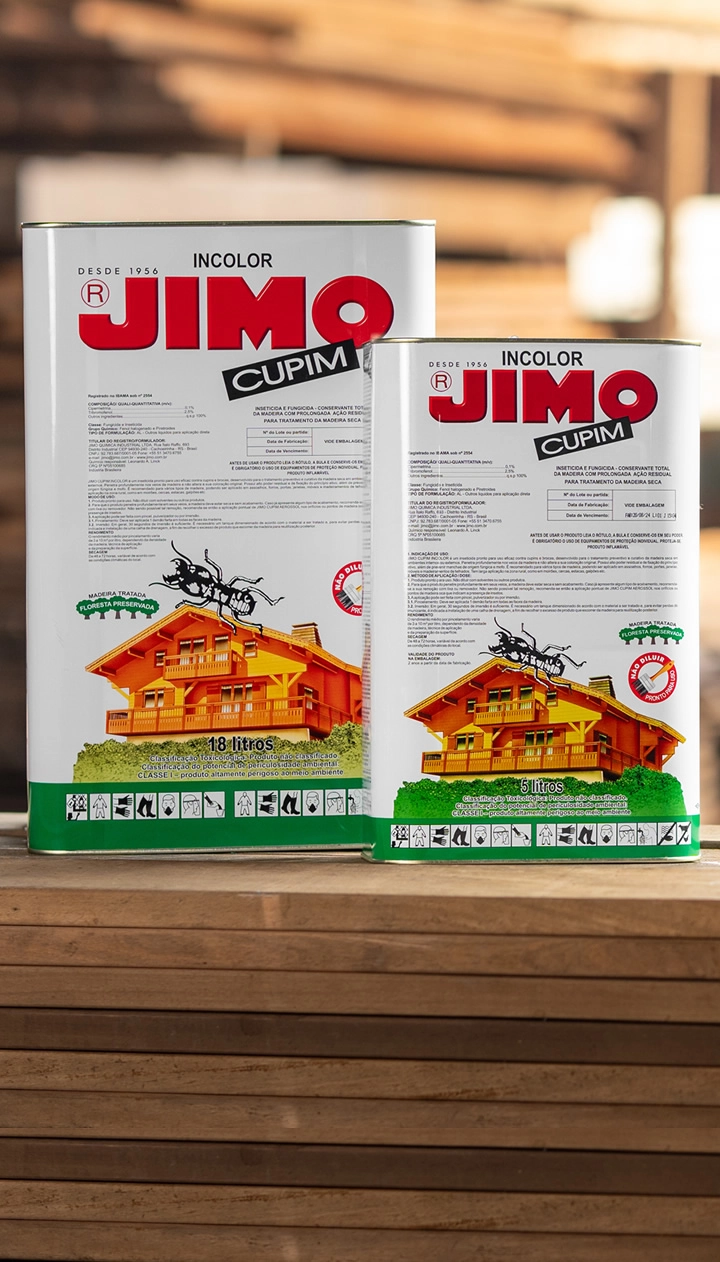 JIMO Cupim Base Solvente é um inseticida pronto para uso, eficaz contra cupins e brocas. indicado para tratamento preventivo ou curativo da madeira seca, ele penetra profundamente nos veios, garantindo alta proteção. disponível nas versões incolor e marrom escuro.