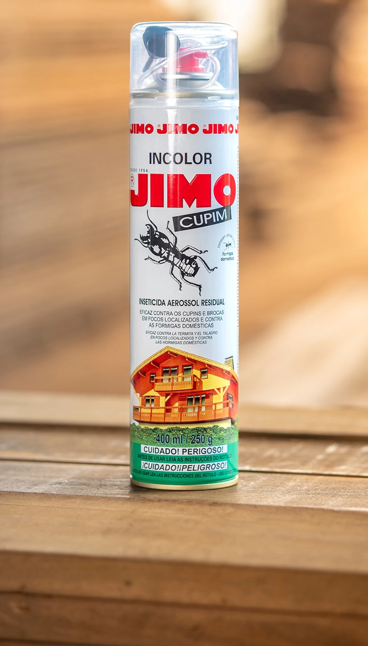 JIMO Cupim Aerossol é um inseticida pronto para uso, com alto poder residual, ideal para combater cupins e brocas em madeiras. com alto poder de penetração e um tubo flexível com agulha injetora, garante aplicação precisa e sem respingos. também é eficaz contra formigas em frestas e fendas.
