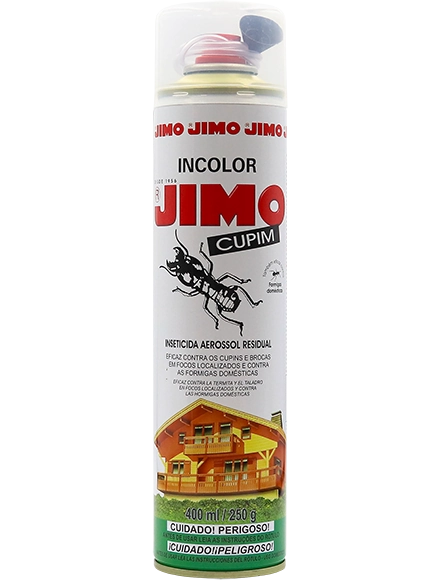 JIMO Cupim Aerossol é um inseticida pronto para uso, com alto poder residual, ideal para combater cupins e brocas em madeiras. com alto poder de penetração e um tubo flexível com agulha injetora, garante aplicação precisa e sem respingos. também é eficaz contra formigas em frestas e fendas.