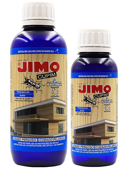 JIMO Cupim Base Água. Um inseticida inovador para tratamento preventivo ou curativo da madeira seca sem acabamento. ele contém nanopartículas que penetram profundamente na madeira, protegendo-a contra cupins. é incolor e pronto para uso, garantindo proteção sem alterar a aparência da madeira.