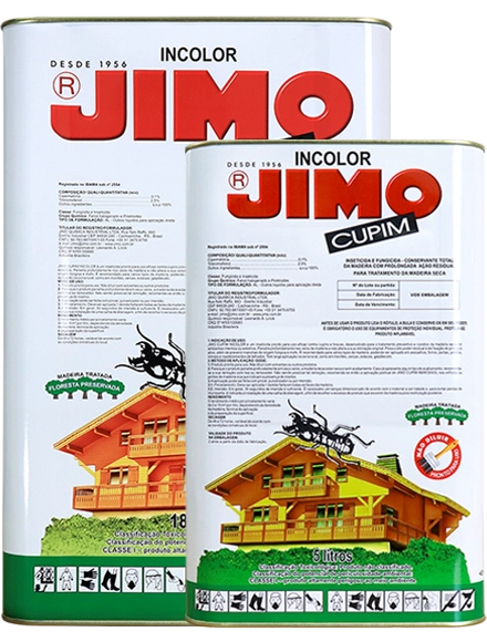 JIMO Cupim Base Solvente é um inseticida pronto para uso, eficaz contra cupins e brocas. indicado para tratamento preventivo ou curativo da madeira seca, ele penetra profundamente nos veios, garantindo alta proteção. disponível nas versões incolor e marrom escuro.