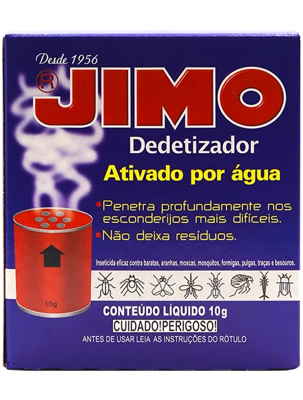 JIMO Dedetizador é um inseticida que forma uma névoa, capaz de penetrar profundamente nos esconderijos mais difíceis, como rachaduras, frestas e atrás de móveis. eficaz contra baratas, aranhas, moscas, mosquitos, formigas, pulgas, traças e besouros, o produto não deixa resíduos no ambiente.