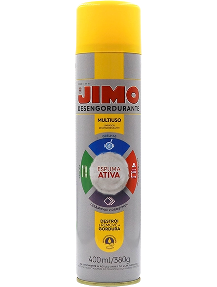JIMO Desengordurante Aerossol. Detergente concentrado que facilita a limpeza de superfícies engorduradas e não contém soda cáustica. seu princípio ativo age dissolvendo a sujeira e garantindo a limpeza de forma prática.
