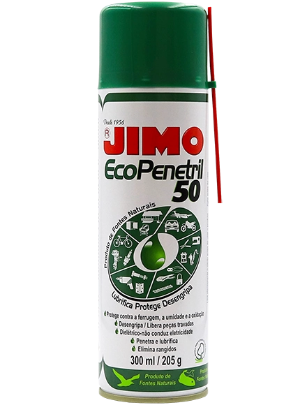 JIMO Ecopenetril 50 é um lubrificante natural multifuncional para uso doméstico, industrial, esportivo e automotivo. composto por óleos de fontes naturais e biodegradáveis, ele lubrifica, desengripa e protege contra umidade e oxidação, além de ser dielétrico, não conduzindo eletricidade