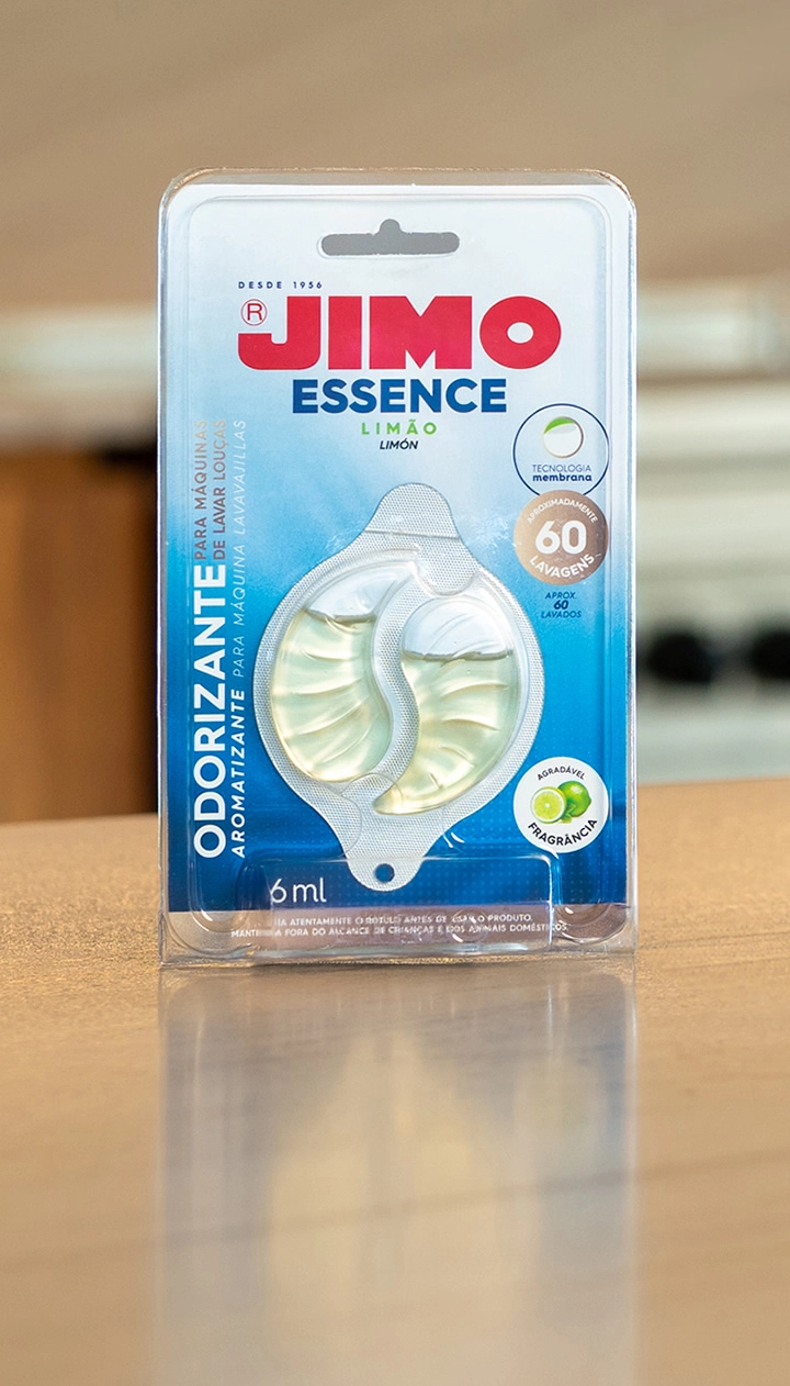 JIMO Essence para máquinas de lavar louças é a solução para eliminar odores e deixar uma fragrância agradável em sua máquina. fórmula inovadora com duração de até 60 lavagens. fácil de usar ele não deixa cheiro nas louças.