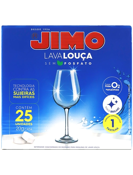 JIMO Lava-Louças em pastilhas remove sujeiras difíceis, como gorduras, ovo e café. é efervescente, solúvel em água e não deixa resíduos. com alto poder desengordurante, confere brilho às louças e contém tensoativos biodegradáveis, promovendo uma limpeza eficiente e ambientalmente responsável