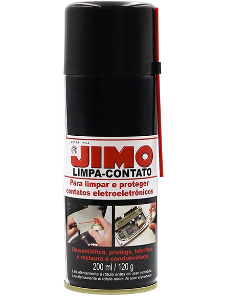 JIMO Limpa-Contato remove graxas, óleos e contaminantes de superfícies eletroeletrônicas, garantindo uma limpeza eficiente sem alterar as propriedades elétricas. desumidifica e protege partes metálicas, prevenindo maus contatos e falhas.