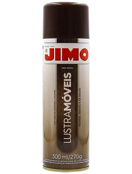 JIMO Lustra Móveis limpa e realça móveis de madeira. contém em sua fórmula cera de carnaúba e silicone, sendo ideal para madeiras novas e antigas. além desta renovação, ele também uma fragrância sofisticada inspirada na natureza, uma mistura de teca, cedro, canela, cardamomo e frutas frescas