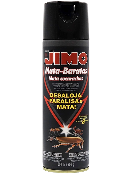 JIMO Mata-Baratas Aerossol. Um inseticida especificamente desenvolvido para matar baratas, formigas, aranhas e escorpiões, além de prevenir novas infestações. com ação prolongada, continua agindo por até 8 semanas contra baratas e formigas.
