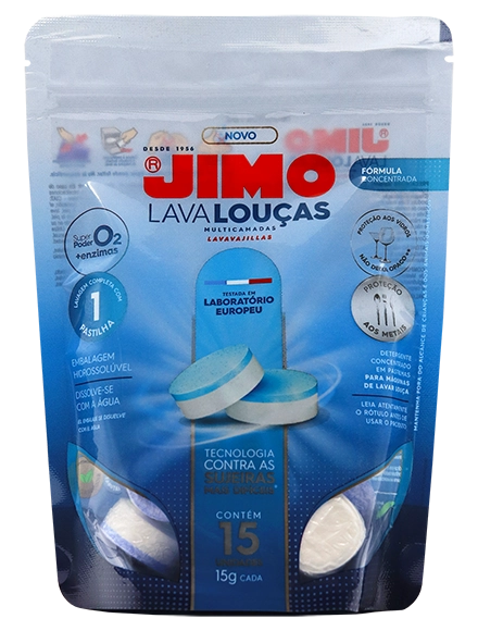 o JIMO Lava-Louças Multicamadas é um detergente concentrado em pastilhas para máquinas de lavar louça, testado em laboratório europeu dentro dos critérios mais rigorosos. as multicamadas servem para separar alguns ingredientes, potencializando o processo de limpeza e proteção das louças.