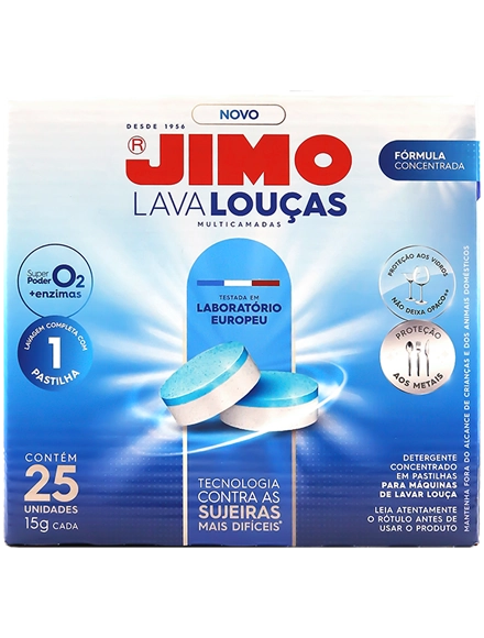 O JIMO Lava-Louças Multicamadas é um detergente concentrado em pastilhas para máquinas de lavar louça, testado em laboratório europeu dentro dos critérios mais rigorosos. as multicamadas servem para separar alguns ingredientes, potencializando o processo de limpeza e proteção das louças.