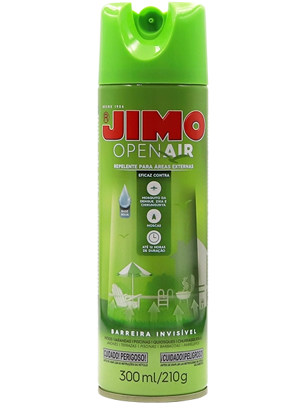 JIMO Open Air Aerossol. Repelente para proteger áreas externas como sacadas, varandas e piscinas. sua fórmula inovadora oferece proteção eficaz contra mosquitos da dengue, zika e chikungunya, com duração de até 12 horas. não deixa cheiro e garante uma proteção longa.