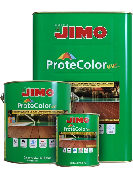 JIMO Protecolor UV. Acabamento acetinado de alta durabilidade indicado para proteger e embelezar superfícies de madeiras em ambientes internos e externos, como decks, portas, janelas, pérgolas, portões, esquadrias, lambris, forros, casas pré-fabricadas, móveis, móveis de jardim, madeiras decorativas em geral