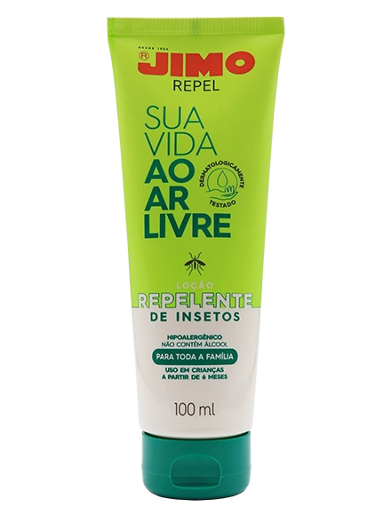 JIMO Repel é uma loção cremosa repelente de insetos, eficaz contra mosquitos transmissores de doenças como febre amarela, dengue, chikungunya e zika. formulado para minimizar alergias, oferece proteção por até 150 minutos. não contém deet.