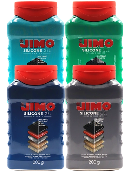 JIMO Silicone Gel. Um produto que protege, conserva e revitaliza borrachas, plásticos, vinis, madeiras e outras superfícies. com sua aplicação simples, renova a cor e garante brilho duradouro, seja em painéis, pneus ou até mesmo móveis e esquadrias. disponível em diversas versões e apresentações.