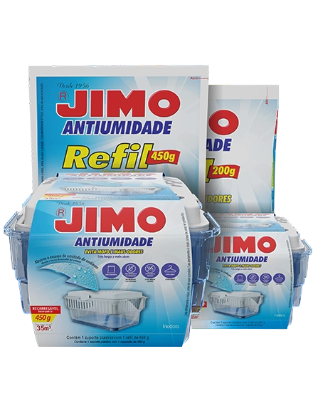 O JIMO Antiumidade combate o excesso de umidade em ambientes fechados, armários, banheiros, trailers e embarcações. ele absorve o excesso de umidade até o percentual ideal (50-60%), prevenindo mofo, mau cheiro, manchas nas paredes e corrosão.