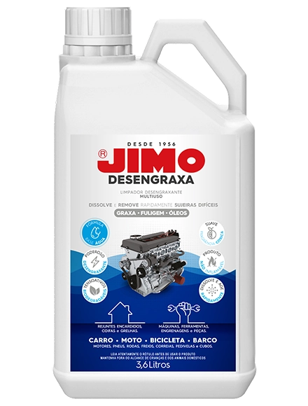 o JIMO Desengraxa foi desenvolvido para dissolver e remover rapidamente sujeiras mais pesadas das superfícies, como graxa, óleo, gordura e fuligem. altamente eficiente na limpeza de peças, máquinas e equipamentos industriais
