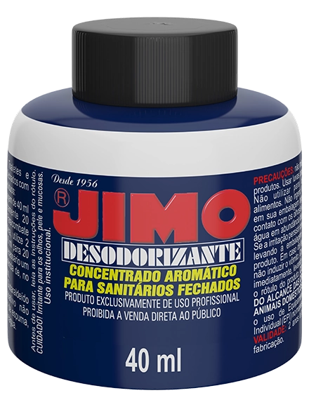 JIMO Desodorizante Sanitário. Produto desenvolvido para aparelhos sanitários com recirculação de resíduos. possui ação antimicrobiana, desodorizando e desagregando resíduos de toaletes ou sistemas coletores de dejetos. é altamente eficaz para sanitários em ônibus, trailers, barcos, aviões, etc. não contém metais pesados
