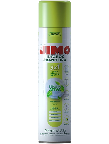 JIMO Limpa Box & Banheiro é uma espuma multiuso em aerossol desenvolvida para limpeza das superfícies do banheiro. ele remove resíduos de gordura, sabonetes, shampoos e pasta de dentes e possui uma fragrância leve que não agride o olfato.