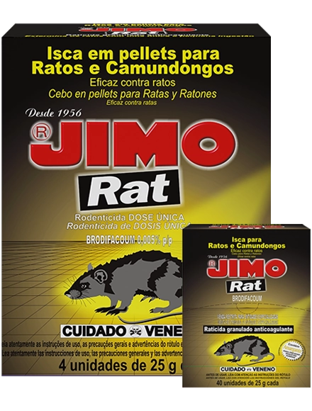 JIMO Rat é um raticida granulado com ação anticoagulante, eficaz contra ratos e camundongos. as iscas devem ser colocadas em tocas e locais onde os roedores vivem e transitam. com fórmula potente, o produto é seguro e eficaz, proporcionando proteção contra infestações.