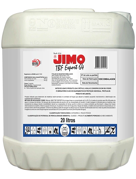 JIMO TBF Export 64 é um produto específico para o tratamento de madeiras recém-serradas, eficaz contra fungos que causam manchas e deterioram os substratos ligno-celulósicos. indicado para madeiras susceptíveis a ataques em condições quentes e úmidas.