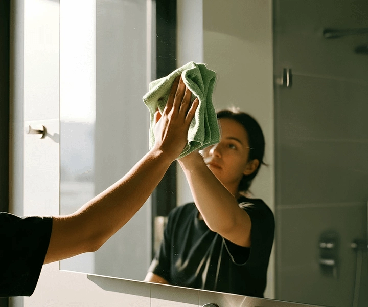 mulher limpando espelho corretamente com pano JIMO